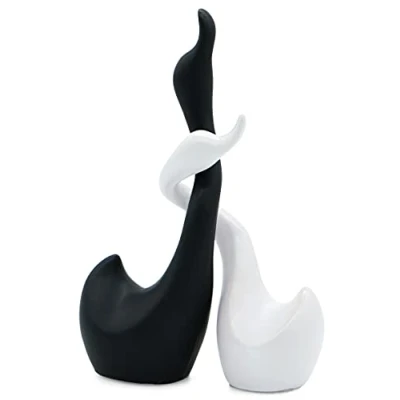 Imagen de Pareja de cisnes cerámica en Blanco y Negro Escultura compuesta por Dos Figura Decorativa 23 cm Altura Cisne la Suerte armonía