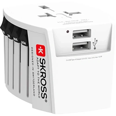 Imagen de SKROSS 1.302960 MUV USB (2xA) Adaptador de viaje universal 2 polos: completo con tomas carga USB. Voltaje y potencia: 100V 250W / 250V 625W. Protección contra descargas eléctricas
