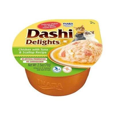 Imagen de INABA Dashi Delights Trozos en un Caldo de Copos Bonito con Pollo/atún/vieiras Topping Alto Contenido proteínas Ingredientes Naturales Delicioso 1 x 70g