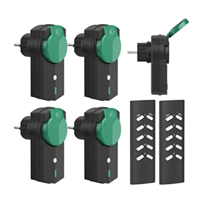Imagen de UCOMEN Enchufes inalámbricos con Control Remoto,5 tomacorrientes para Exteriores 2 Remoto, Toma Inteligente conmutable, a Prueba de Salpicaduras, Negro/Verde