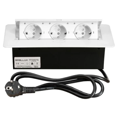 Imagen de BROLLUX Enchufe empotrable retráctil de 3 vías blanco con apertura suave aluminio fundido por inyección cable conexión 1,5 m para muebles