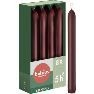 Imagen de Bolsius Velas cónicas, color rojo oscuro, 8 unidades, 17 cm, larga duración de combustión 5 horas, sin perfume, cera vegana natural, goteo, aceite palma
