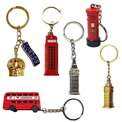 Imagen de Souvenirs 6 llaveros de Londres con diseño autobús en 3D, Big Ben, cabina telefónica, buzón correo, llavero metal fundido a presión, corona, multicolor, approx with chain