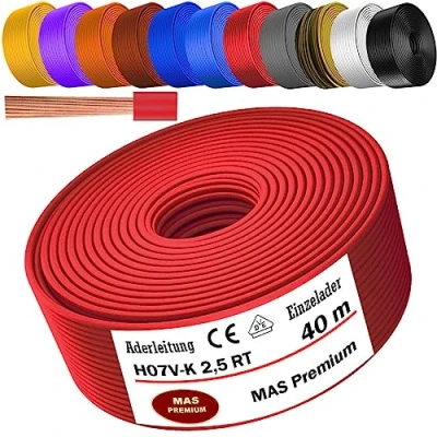 Imagen de cable eléctrico H07 V K 2,5 mm², rojo, individual, flexible, de 5 a 100 m (40 m)
