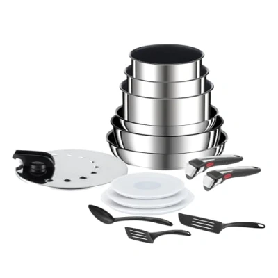 Imagen de Tefal Juego 15 piezas Ingenio Preference On de acero inoxidable con revestimiento antiadherente y antirayaduras, Thermo Signal, mango extraíble, fabricado en Francia, apto para inducción