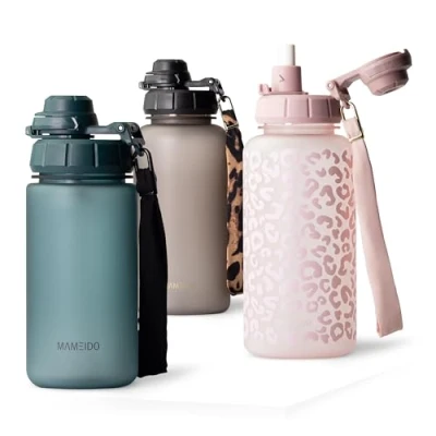 Imagen de MAMEIDO Botella 500ml con pajita y marcador de tiempo, Botellas agua a prueba fugas, niños sin BPA, gimnasio fabricada en Tritan, Water Bottle (Ocean Bloom, 0,5l)