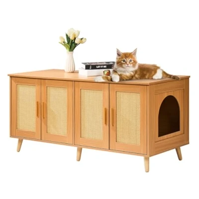 Imagen de VEVOR Muebles de Baño Oculto para 2 Gatos 1,19 x 0,5 0,55 m Casa Inodoro con Puertas Decoradas Ratán Armario Madera Ocultar Las Cajas Arena Gatos, Color Natural