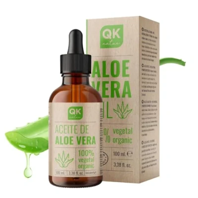 Imagen de QKnatur ACEITE de ALOE VERA Puro, Natural y Orgánico 100 ml botella vidrio + bomba Cuidado Intensivo para Rostro, Cuerpo, Cabello Contorno Ojos