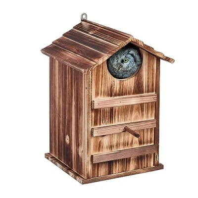 Imagen de Relaxdays Eulen Nistkasten Holz Casa Pájaros para Lechuzas, Madera de Abeto, Agujero Entrada 9,5x9,5cm, Pared Abatible, Colgante, Natural, 38,5 x 25 28 cm