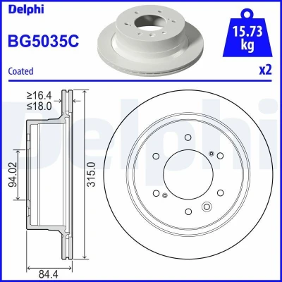 Imagen de DELPHI BG5035C Disco de freno 315 18 6 ventilado revestido sin procesar cojinete rueda, anillo sensor ABS