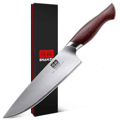 Imagen de SHAN ZU Cuchillo de Chef Profesional 20cm Cocina Japonés con Hoja Afilada Acero Inoxidable 10Cr15MoV (62 HRC) Mango Madera Pakka Ergonomico OKINAWA Series
