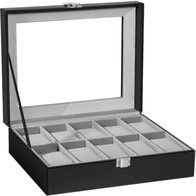 Imagen de Uten Caja para Relojes con 10 Compartimentos, Hebilla de Metal, Almohadilla Extraíble, Tapa Vidrio, Guardar Joyas, Cuero PU Negro, Forro Negro