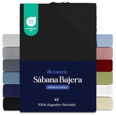 Imagen de Dreamzie Sabanas 80x200 cm, Sabana Bajera Premium para Colchones de hasta 12 cm Altura, 100% Algodon 150 g/m² Negro Certificada sin Productos Químicos (Oeko Tex)