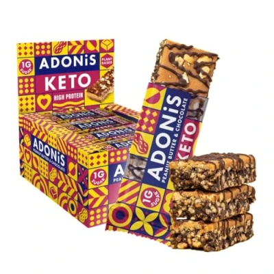 Imagen de Adonis Barritas Keto Ricas en Proteínas Crema de Cacahuete y Chocolate Apto para Veganos Dieta 100% Natural Sin Azúcar, Aceite Palma, Lácteos Bajo Azúcar
