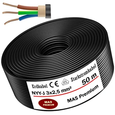 Imagen de cable de alimentación subterráneo, 5 a 100 m, NYY J 3 x 2,5 mm², anillo eléctrico para instalación al aire libre, tierra (50 m)