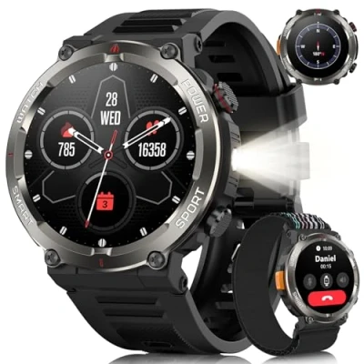 Imagen de Yxtel Reloj Inteligente Hombre Militar, 1.45&quot; Smartwatch con Llamadas Bluetooth, 960mAh, Linterna LED, Brújula, 123 Modos Deporte, Monitor Cardíaco 24h/SpO2/Sueño, IP68, 2 Correas (iOS/Android)