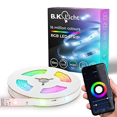 Imagen de B.K.Licht I Tira LED Wifi RGBIC 10 m Control por App Sensor de Música Barra Luz Chaser Compatible con Alexa Banda Inteligente Autoadhesiva.