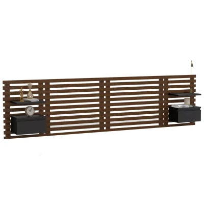 Imagen de IDMarket Cabecero de cama colgante en lamas AVA 240 cm con mesita noche + cajón, madera envejecida y negro