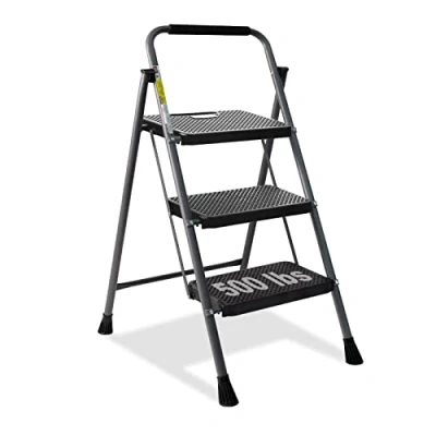 Imagen de HBTower Escalera de 3 peldaños, Taburete Plegable con Amplio Pedal Antideslizante, Acero Resistente, Cómoda Empuñadura, Ligero, Portátil Acero, Gris
