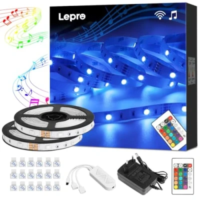Imagen de Lepro 20M Tiras de luces RGB con música, tira LED Regulable 5050 SMD, 12V 24 teclas Cinta autoadhesivas, Strip Para TV, Fiestas, Dormitorio, fuente alimentación y controlador incluidos