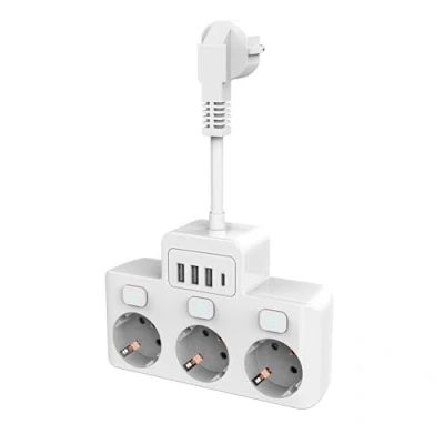 Imagen de SPORWAY Regletas Enchufes Pared con 3 Tomas: Enchufe Multiple Adaptador USB &amp; 1 C, Alargador Regleta Tomas 5 cm Cable Corto 16A/4000W