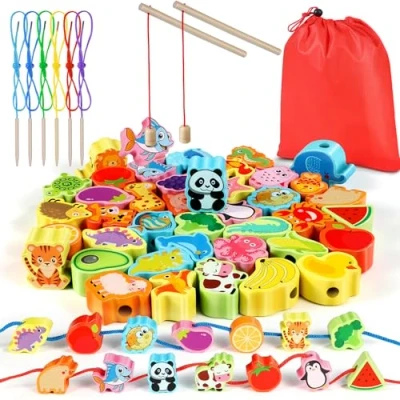 Imagen de Jojoin 46 Piezas Cuentas de Madera Juguete Enhebrar 2 en 1 Montessori Juguetes Juego Pescar para Niños Fruta Vegetal Animal Educativos Regalo Cumpleaños 3 4 5 6 7 años