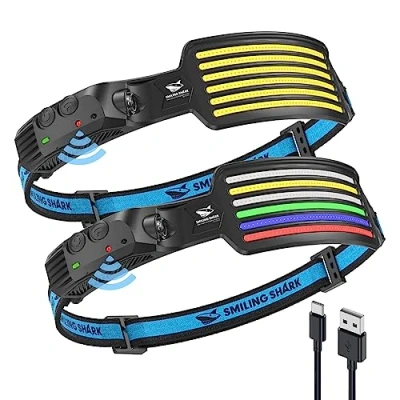 Imagen de Smiling Shark Linterna Cabeza, 2 Pack 6*Tiras Luz Blanco Rojo Azul Verde de la Frontal Más Brillante Headlamp Recargable Impermeable Camping Ciclismo, LED Cabeza Light