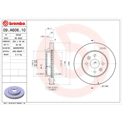 Imagen de BREMBO 09.A606.10 Disco de freno 254 24 4 ventilación interna KIA: Rio I Familiar, Berlina