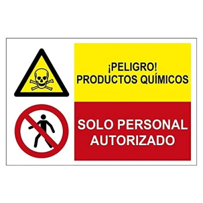 Imagen de MovilCom® Señal combinada ¡PELIGRO! PRODUCTOS QUIMICOS/PROHIBIDO SOLO PERSONAL AUTORIZADO de 600X400mm ADHESIVO (ref.PRD4360602)