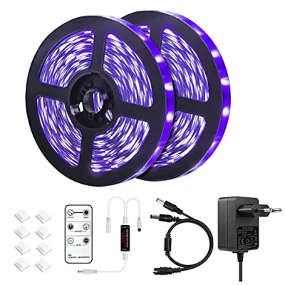 Imagen de Juego de luces LED UV 10 m, con mando a distancia, 600 ledes 395 nm, 12 V/3 A, cabezales luz ultravioleta flexibles para fiestas baile fluorescentes, iluminación escenario fiesta