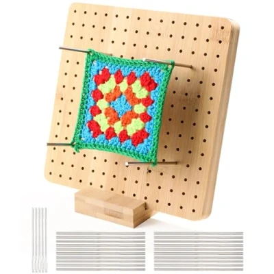Imagen de Tabla de Bloqueo para ganchillo,Tablero Granny Square,20x20cm,con 20 Barras Acero Inoxidable y 5 Agujas,tabla sujeción madera proyectos punto