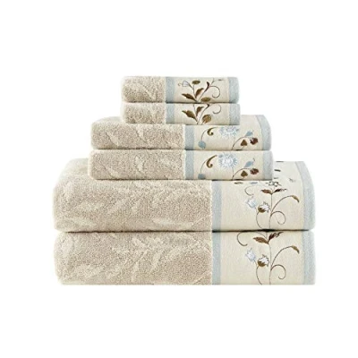 Imagen de Madison Park Serene Floral Embroidered 100% Cotton Jacquard Ultra Soft Absorbent Bathroom Towel Set Shower Hand Face Washcloths, See Below, Blue