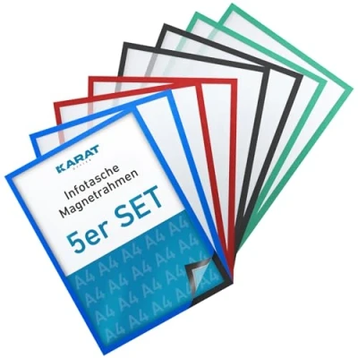 Imagen de KARAT Juego de 5 marcos magnéticos DIN A4 para dibujos infantiles, soporte documentos, bolsillo información, marco magnético carteles oferta, hojas,