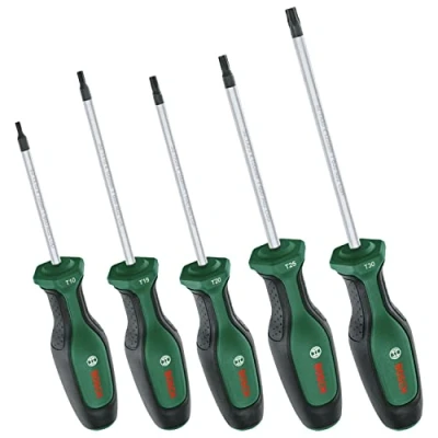 Imagen de Bosch Home and Garden Juego de Destornilladores, 5 Piezas, Destornilladores Óptimo Rendimiento para Bricolaje, Acero S2, Empuñadura Suave, Punta Magnética