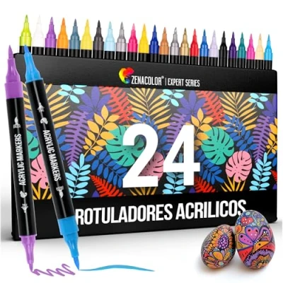 Imagen de Zenacolor Rotuladores Acrilicos con Doble Punta (Punta Fina y Pincel) 24 Colores únicos de Permanentes para Distintas Superficies Obras Arte