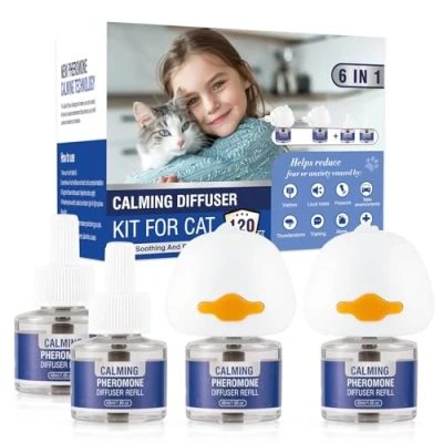Imagen de Feromonas para Gatos 6 IN 1 Relajantes Difusor Antiestres Tranquilizantey Calmante Anti Estres Gato Perros ArañAzos Soluciona Signos EstréS Cambios Marcaje Orina Insípido(2 Tapón + 4 Recambios)