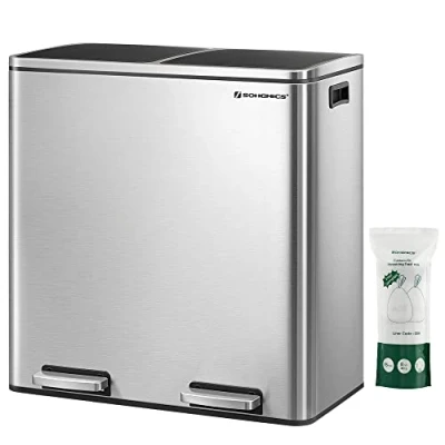 Imagen de SONGMICS Cubo de basura con 2 compartimientos 30L, Basurero reciclaje pedales metal, Cubos interiores plástico y tapa bisagras, manijas, Cierre suave, Hermético, Negro LTB60BK