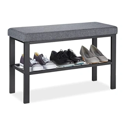 Imagen de Relaxdays Banco Zapatero Recibidor, Balda Zapatos, Asiento Acolchado, Descalzadora Pasillo, 50,5x81x32 cm, Negro y Gris, Hierro
