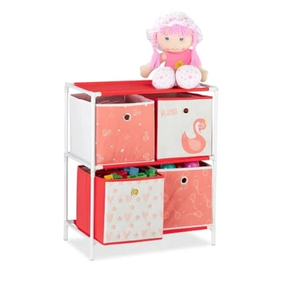 Imagen de relaxdays Estantería Infantil con Cuatro Cajas, Organizador de Juguetes, Cisnes, Blanco &amp; Rojo, 62x53x30 cm