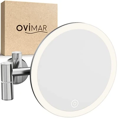 Imagen de ovimar Vorupor Espejo de maquillaje (360 grados, con iluminación, recargable, montaje en pared para taladrar, baño, 5 aumentos, luz)