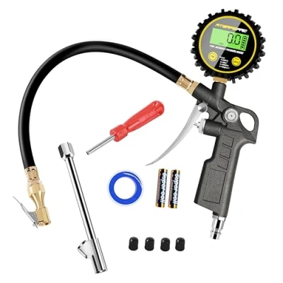 Imagen de Manómetro Digital para Inflar Neumáticos, ATsafepro Herramienta Aire Neumáticos 200 PSI con Manguera Goma y Acoplador Conexión Rápida Accesorios Compresor de Mandril