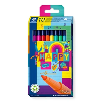 Imagen de STAEDTLER rotuladores Triplus Happy, diseño triangular ergonómico, ancho de trazo 1,0 mm, larga duración, 10 en colores variados estuche cartón, 323 C10 HA
