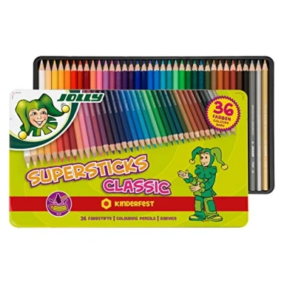 Imagen de JOLLY Superstick lápices de colores para niños juego 36 en estuche metálico 3D, forma hexagonal lápiz colores, mina 3,8 mm grosor, material escolar y accesorios