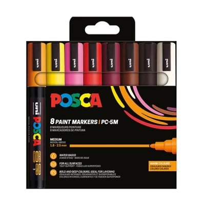 Imagen de POSCA Mitsubishi Pencil PC5M 8 rotuladores Punta cónica Colores cálidos media pintura a base de agua Para cualquier soporte papel, textil, vidrio, guijarro, madera