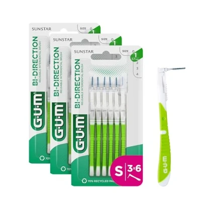 Imagen de GUM BI DIRECTION cepillos Interdentales / 2 en 1 gracias a la posición recta y de 90 del cabezal/Fácil acceso los dientes posteriores/Verde/Tamaño 0,7 mm 3 paquetes 6 unidades