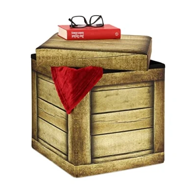 Imagen de Relaxdays Taburete con Almacenaje, Reposapiés Plegable, Efecto Caja de Madera, Acolchado, 38 x 37,5 cm, Marrón, Gomaespuma