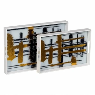 Imagen de BigBuy Home Bandeja de Aperitivos Blanco Negro Dorado PVC Cristal Abstracto 45 x 31 4,2 cm (2 Unidades)