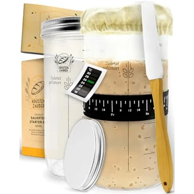 Imagen de KRUSTENZAUBER Juego de iniciación levadura Tarro fermentación 1000 ml con espátula y termómetro Accesorios para hornear pan, vidrio masa madre, fermentación, kit