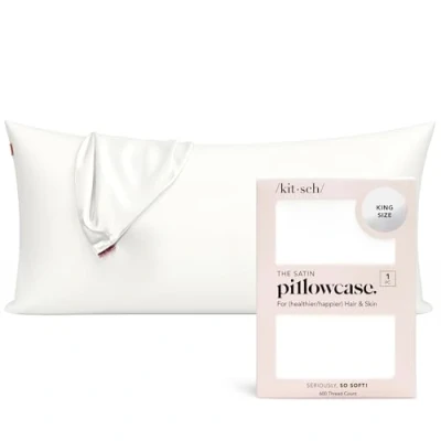 Imagen de Kitsch Funda de Almohada refrescante 100% satén con Cremallera, más Suave Que la Seda, Ideal para el Cabello y Piel (King, 1 Paquete, Marfil)