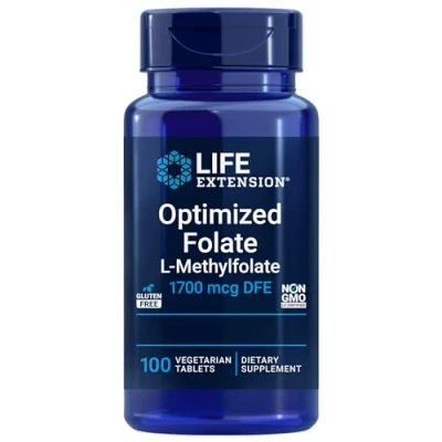 Imagen de Life Extension, Optimised Folate, 5 MTHF, Dosis Alta, 100 Comprimidos veganos, Probados en Laboratorio, Vegetarianos, Sin Gluten, Soja, No GMO